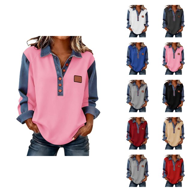 Women's Long Sleeve Shirts 2026 Spring Fashion Button V Neck Lapel Collared Denim Patchwork Casaul Shirts Blouse Tops