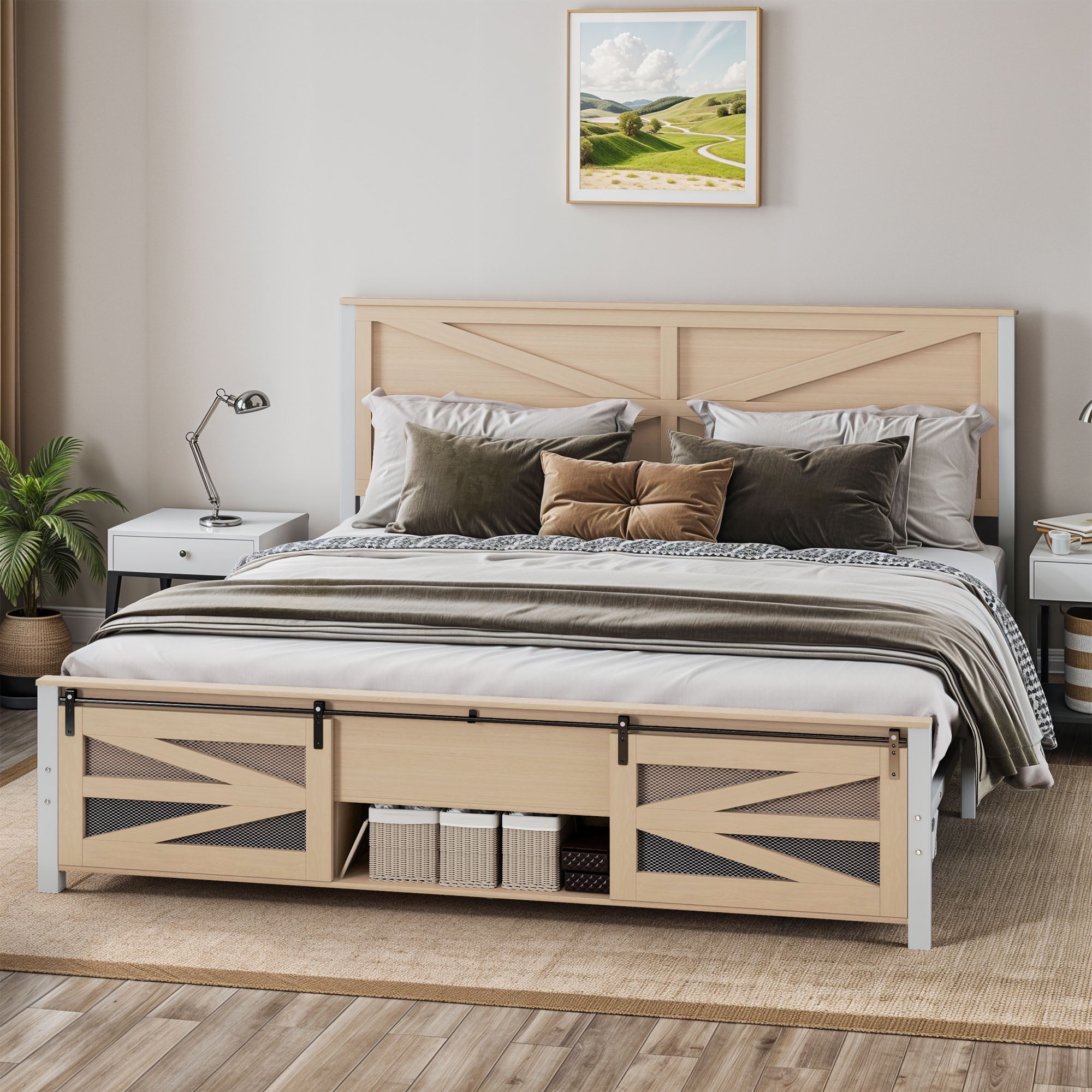 Uforic Bed End Barn Door King Size Bed Frame with Headboar Storage, Steel Mesh Door & Sturdy Construction, Oak