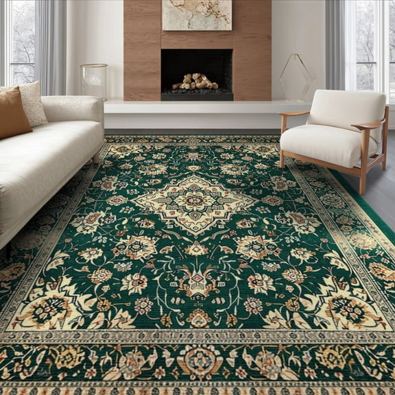 ODIKA 8'x10' Washable Area Rug Forest Scroll Bold Border Vintage Distressed Traditional Alfombra for King Size Bedroom Under Bed, Master Suite, Non-Shedding, Easy Care