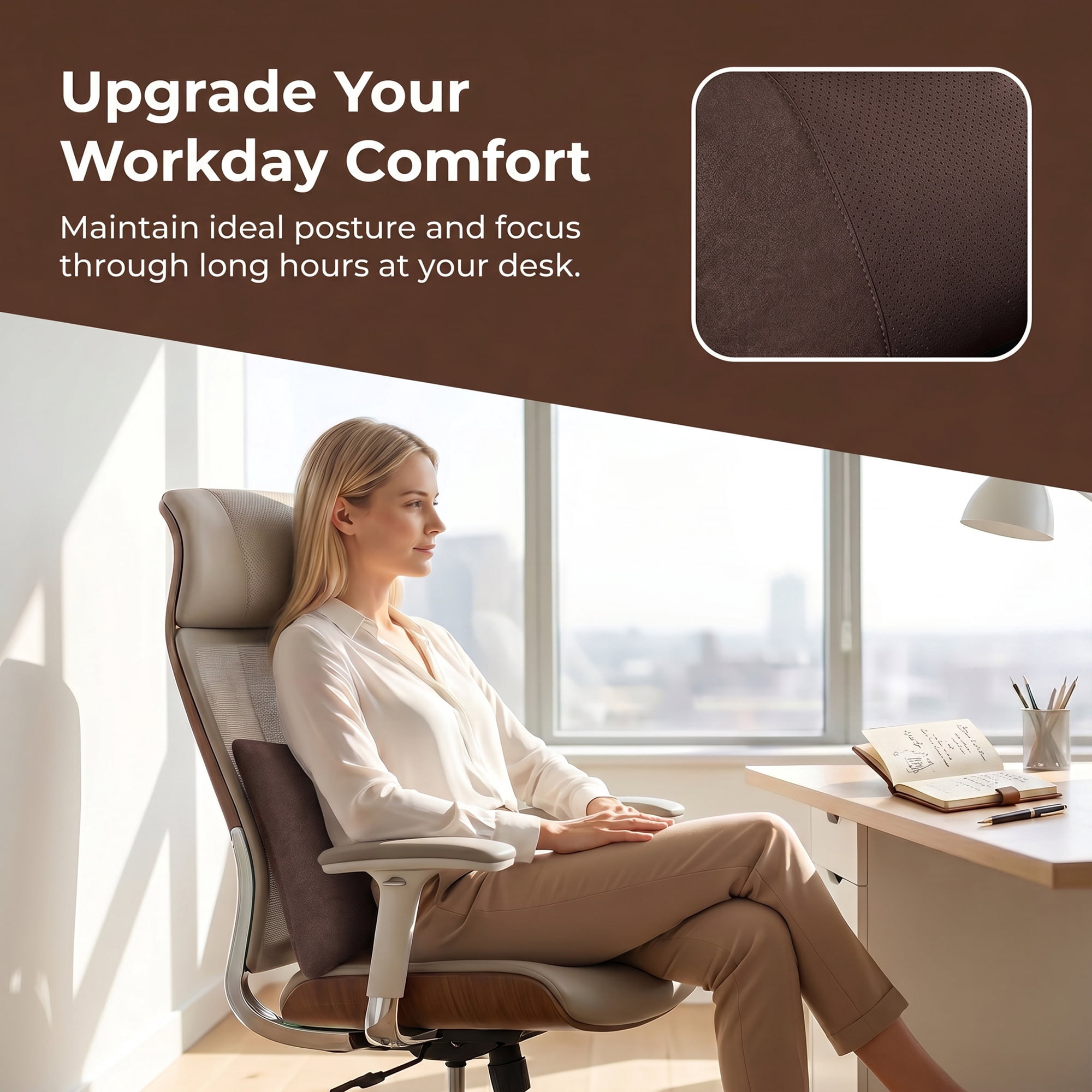 Unique Bargains Lumbar Support Pillow Down Back Support Brown 14.2" x 9.8"