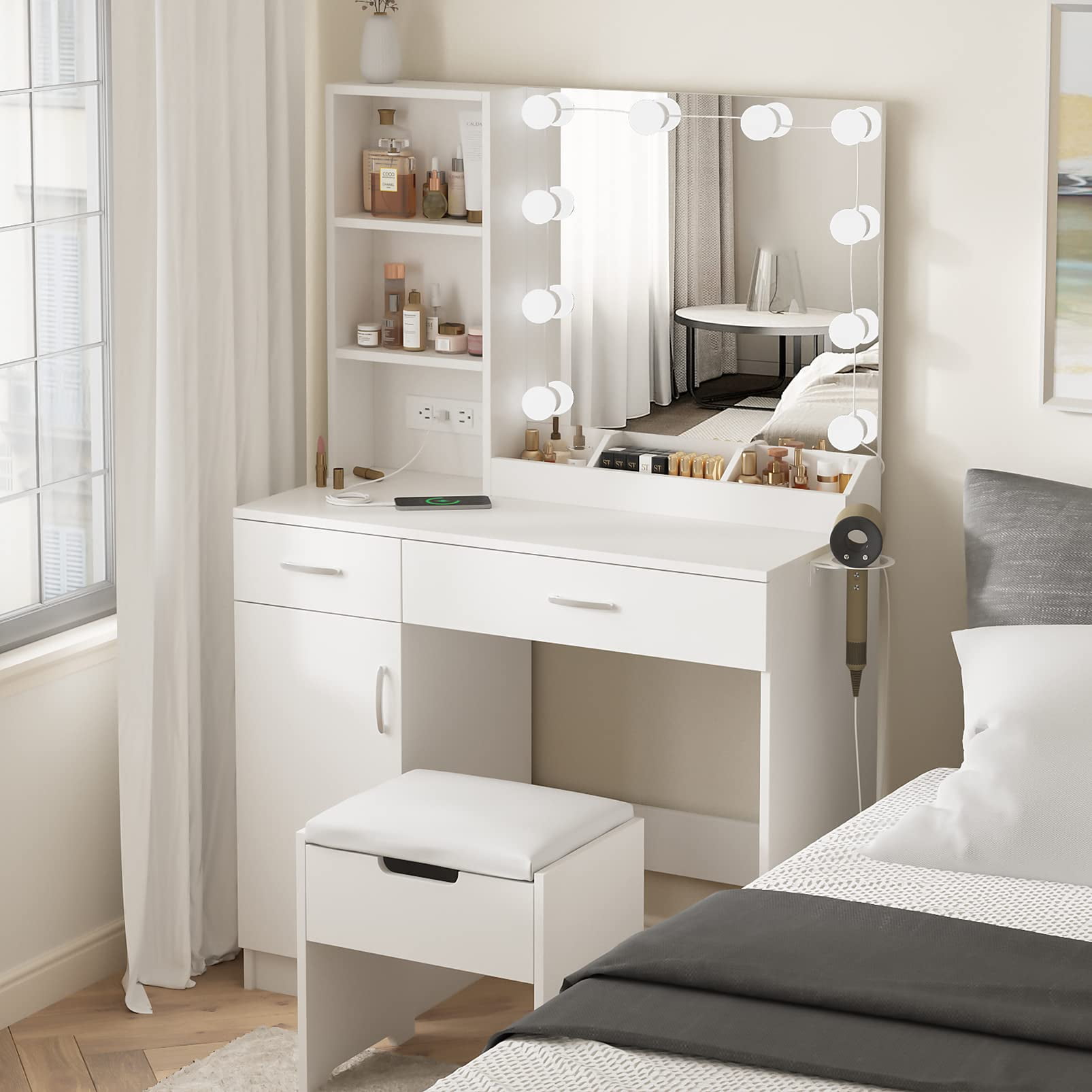 VEANERWOOD Makeup Vanity Desk with Lighted Mirror & Power Strip, Girls Dressing Table with Storage Shelves, White