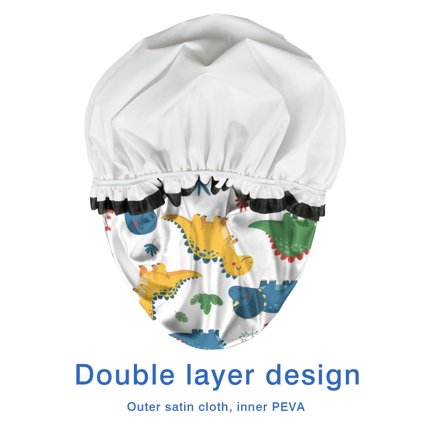 Shower Caps,Colorful Dinosaur and Leaf Pattern Waterproof Shower Cap for Women 4 Pieces,Double Reusable Hair Cover for Shower PEVA Elastic Stretch Hem