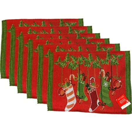 

Holiday Essentials Whimsical Stocking Design Fabric Tapestry Placemats; 18 x 13 (Stockings - Set of 6)
