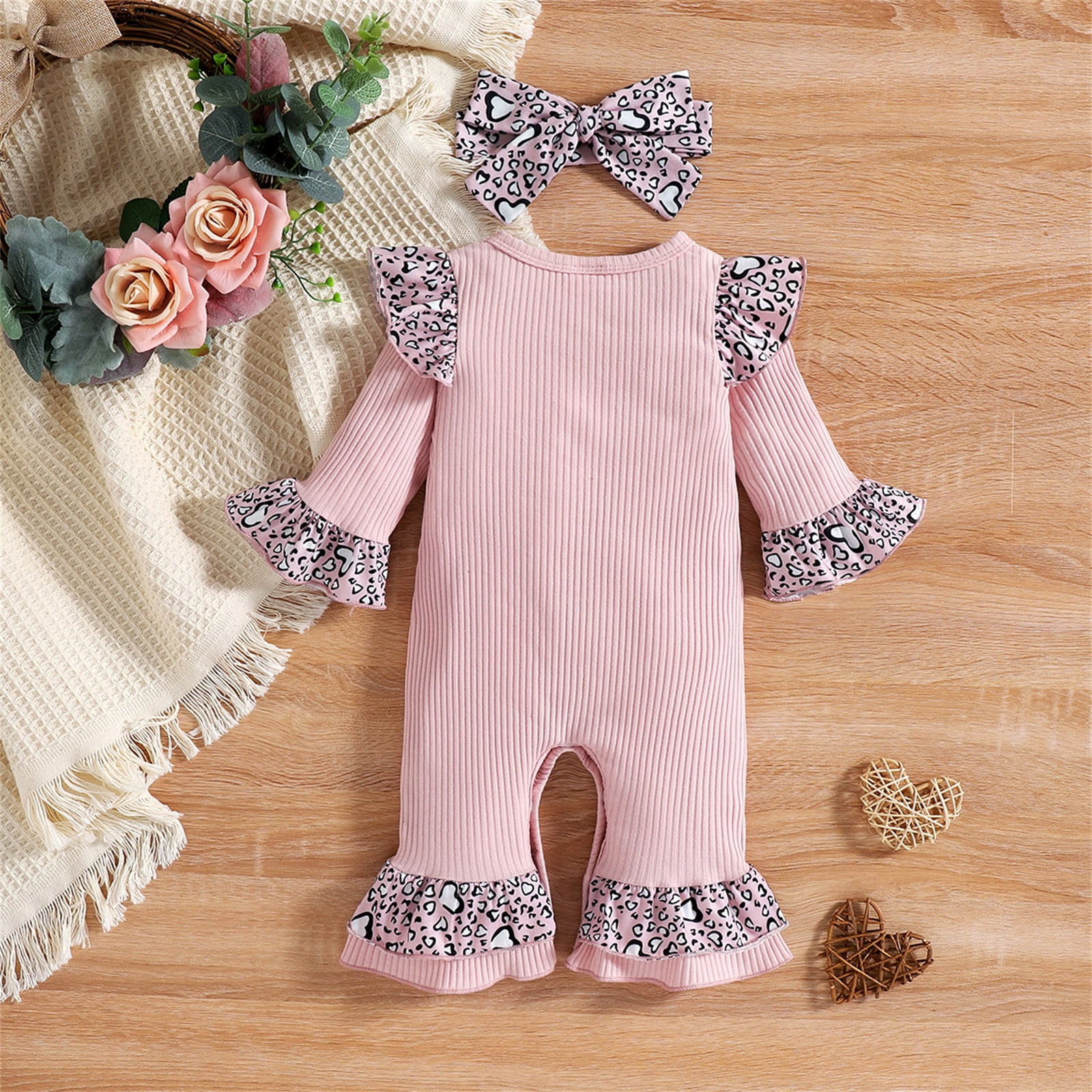 Baby Girl Lace Detail Long-sleeve Letter Print Spliced Leopard Romper