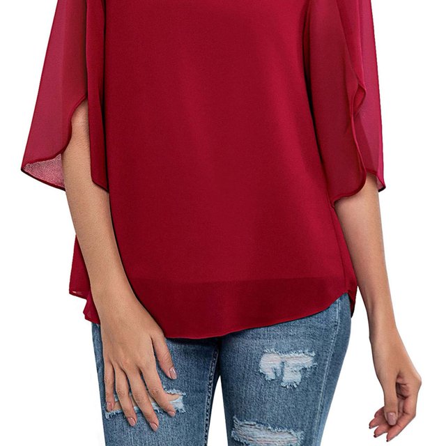 Blusa de gasa para mujer, blusa informal de cuello redondo para mujer, blusa de gasa de media manga para mujer, blusa de gasa de media manga para mujer, calidad inigualable
