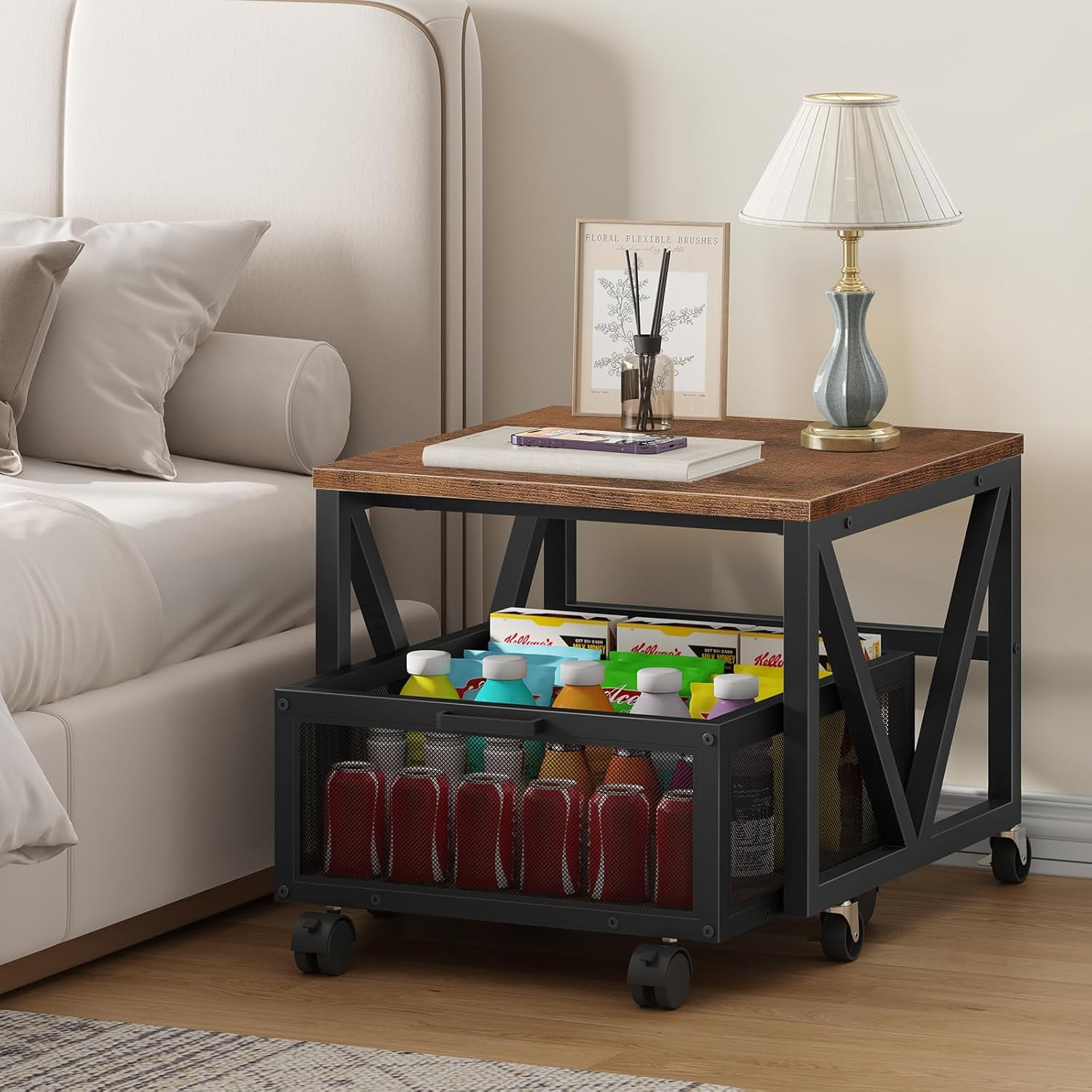 Mini Fridge Stand with Movable Storage Basket and Wheels, Sturdy Metal Frame for Home Office Dorm Rustic Brown Black