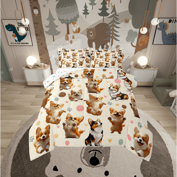 Erosebridal Cartoon Corgi Comforter Sets Queen Size,Animal Dog Bedding Queen Comforter Set,Microfiber Reversible Bedding Sets Queen with Comforter,Teen Bedroom Decor