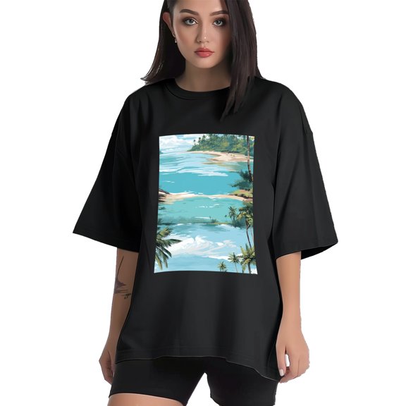 Plus Size Shirt for Women Black Tops for Women Short Sleeves Shirt for Women Seaside (69) T Shirt Crewneck Shirt for Women XS