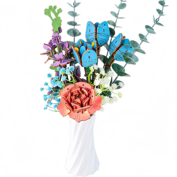 3D Wooden Flower Puzzle Bouquet with Vase, DIY Rose and Tulip Building Kit, Artificial Flower Home Decor Gift for Adults