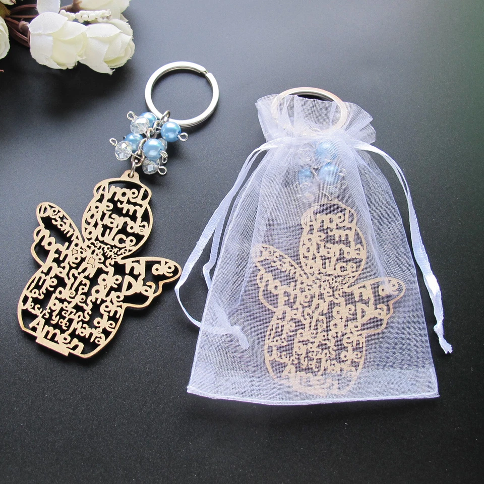 PRIME - 12Pcs Baptism Favor Boy Christening Thin Wood Angel Design Keychain Jk179-Blue