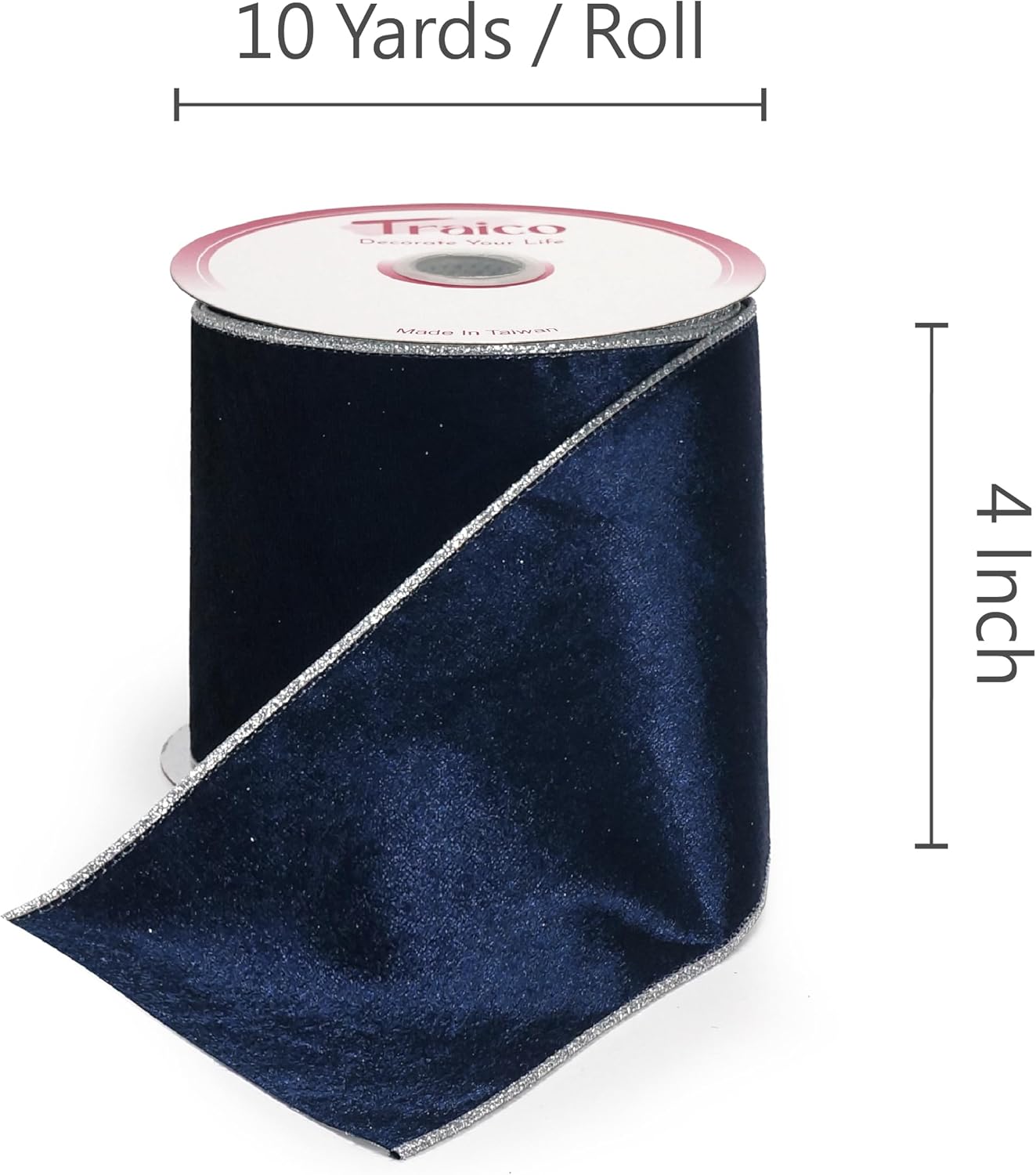 4" Navy Blue Velvet Silver Glitter Backing Wired Ribbon 10 Yards for Christmas Tree Wedding Wreath Gift Wrapping Home Décor DIY