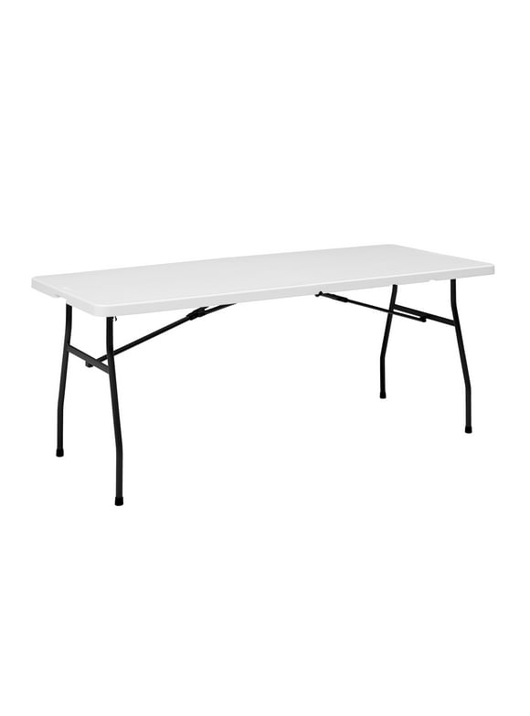 Mainstays White 6 Foot Fold-in-Half Plastic Table, Built-in Handle, 5-Year Warranty