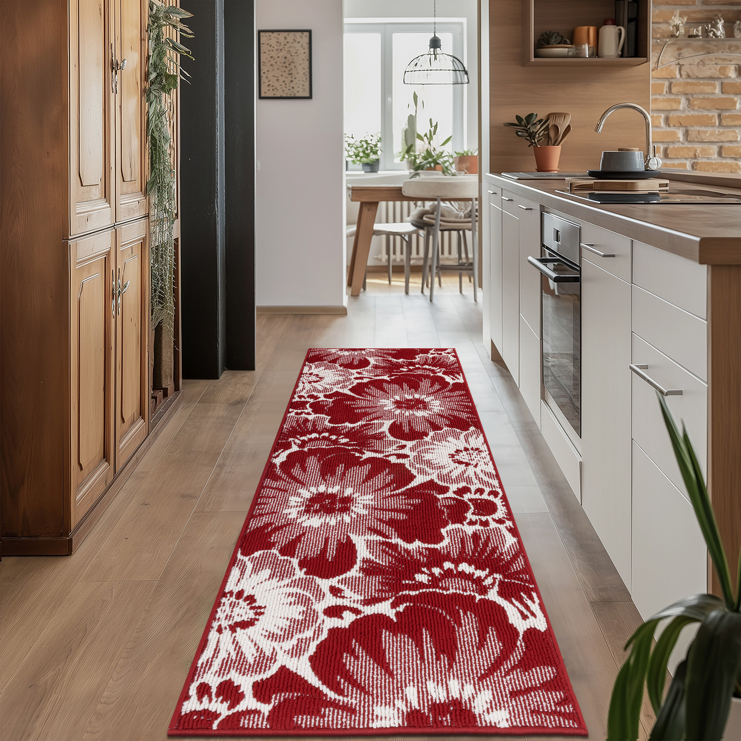 Findosom Runner Rug for Hallway 2x6 ft,Non-slip Machine Washable Runners Flower Floor Mats Low Pile Carpet Rug Runner with Rubber Backing for Entryway Doormat Bathroom Kitchen Laundry Room,Red