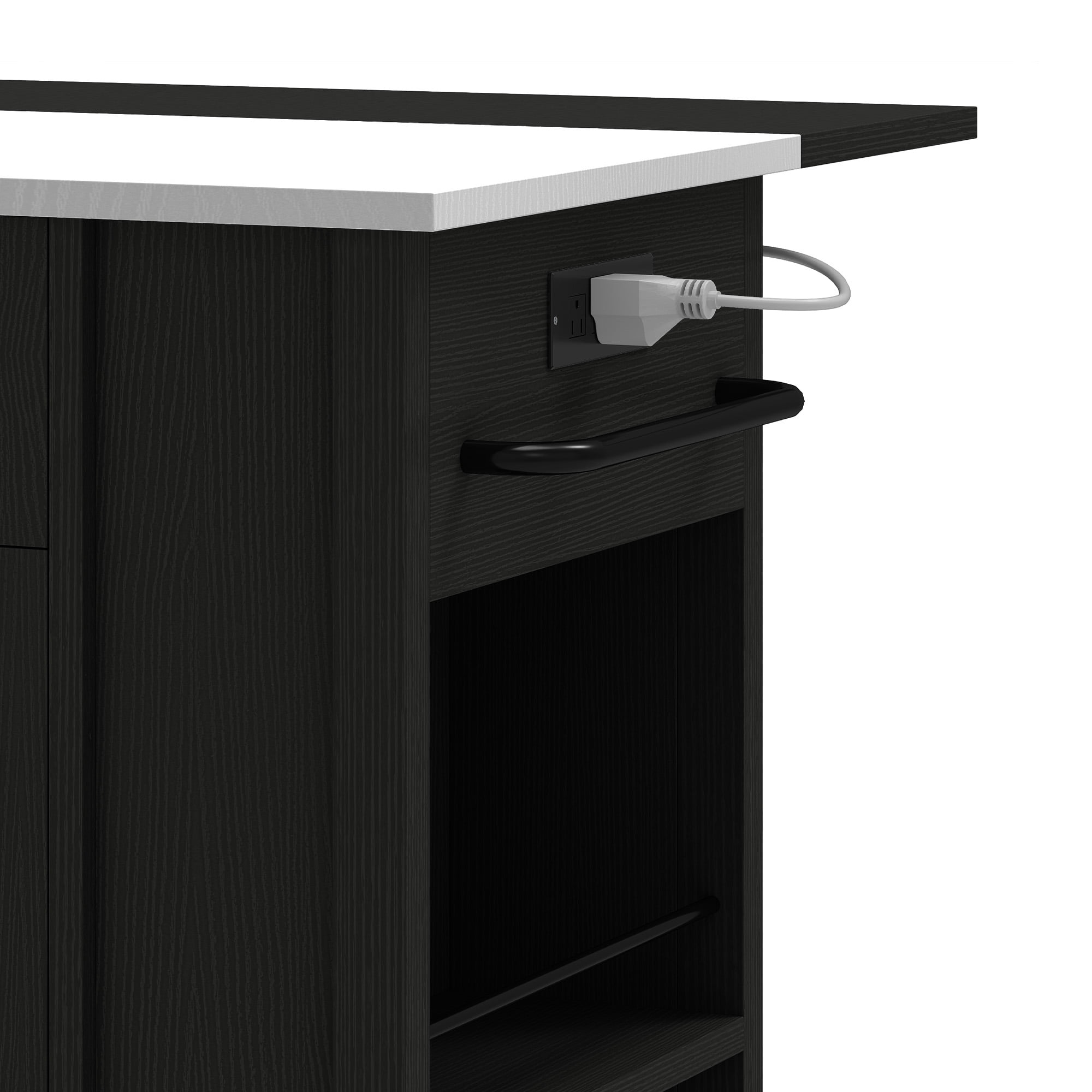 Uforic 47 Inch Mobile Kitchen Island Cart with Stainless Steel Top, Built-in Power Outlet, Adjustable Shelves, Spice Rack & Towel Rack, Rolling Storage Cabinet for Kitchen, Black