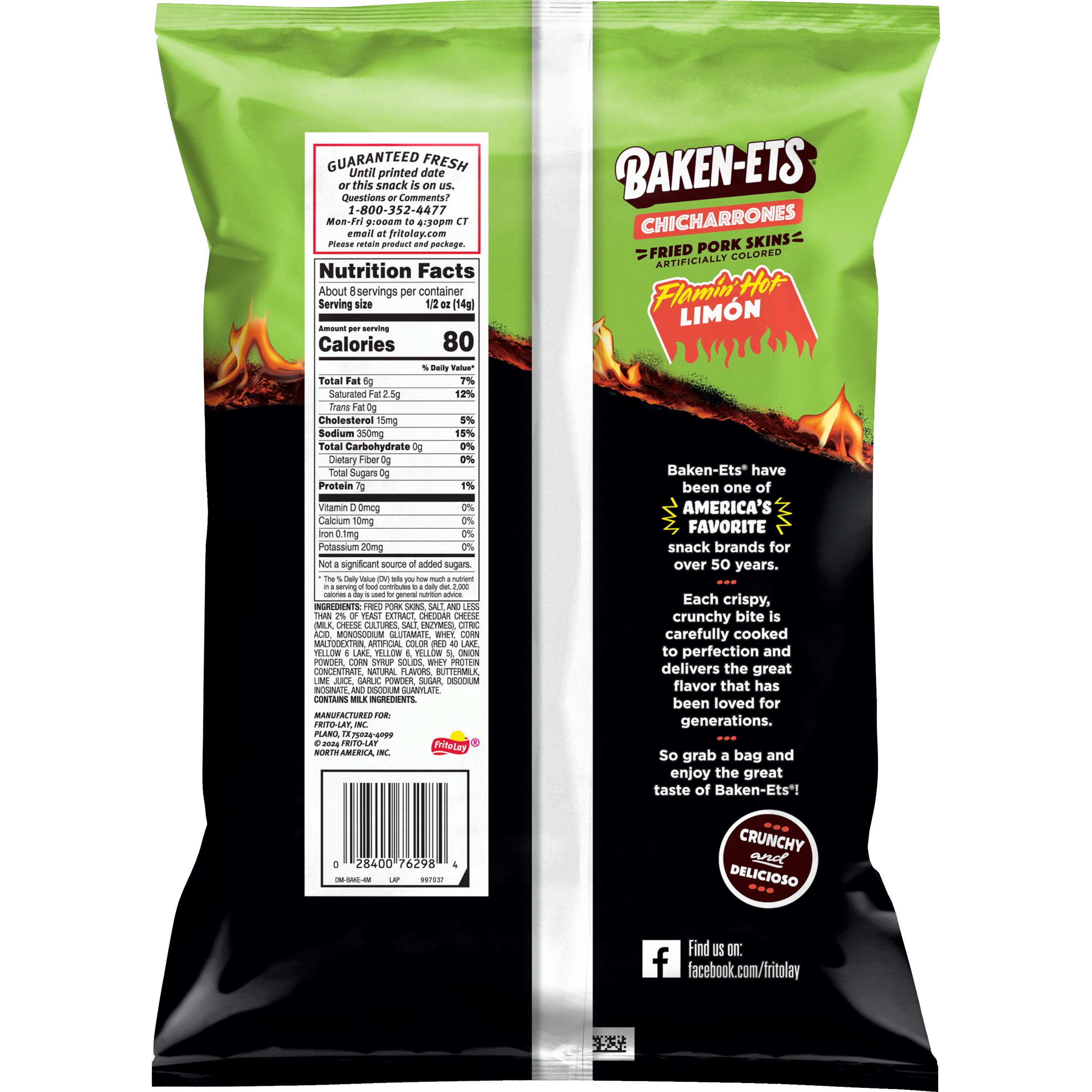 Baken-ets Chicharrones Fried Pork Skins Flamin' Hot Limon Flavor, 4 oz Bag