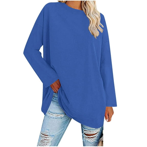 TKLPEHG Womens Tunic Tops Crew Neck Basic Tunic Tops Fall Tops Solid Color Casual Comfy Lightweight Loose Fashion Long Sleeve T Shirt Pullover (Blue,XL)