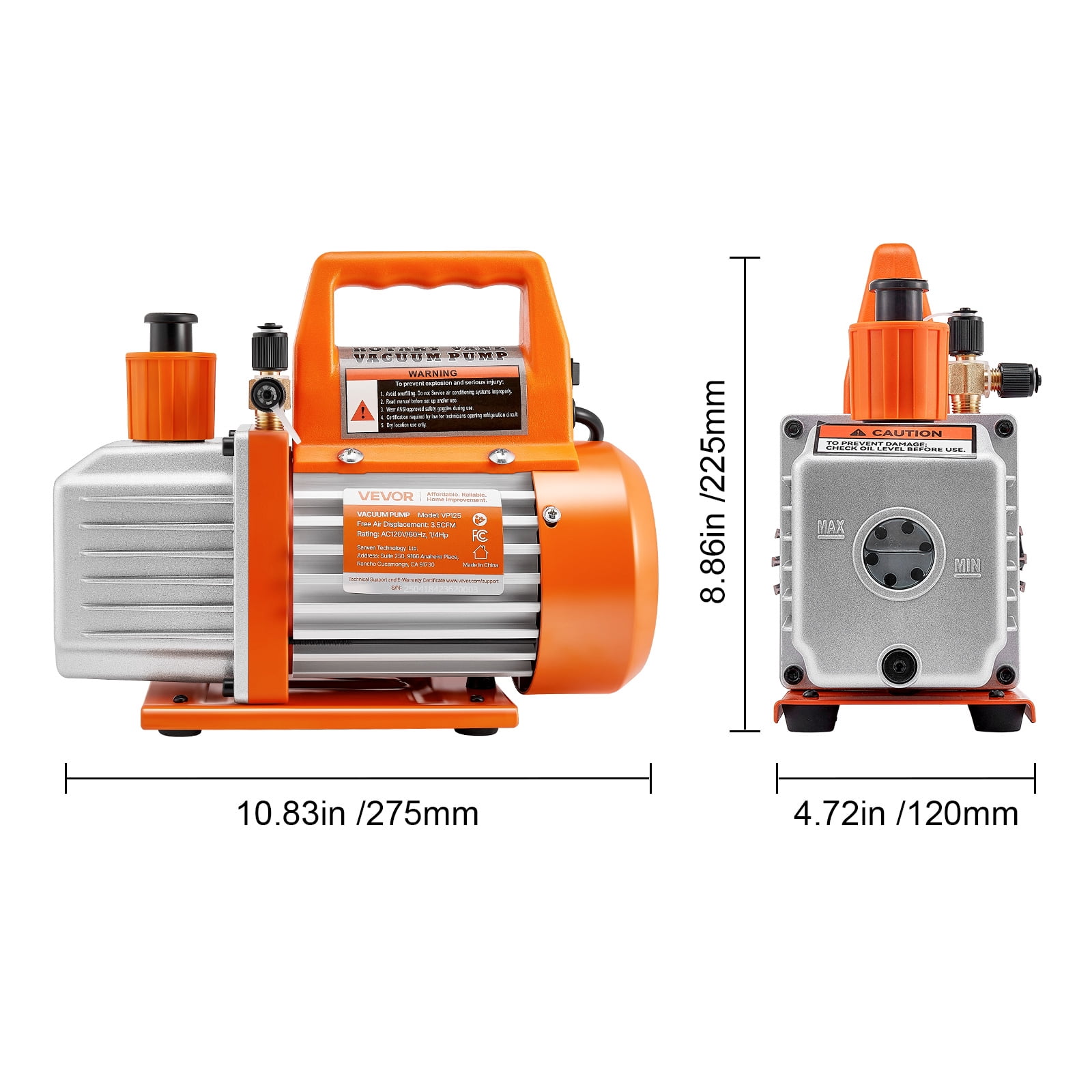VEVOR Vacuum Pump, 3.5 CFM 1/4 HP, HVAC Single Stage Rotary Vane AC Vacuum Pump, for R134a R22 R410a Systems, with Oil Bottle, 1720 PRM, for Automotive Air Conditioner Maintenance Resin Degassing