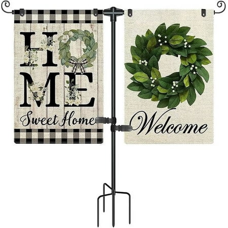 Garden Flag Stand Holder with 4 Prong Base for Double Flags - 3/4 Inch Extra Thick Heavy Duty Yard Flag Holder for Outside 12x18 Home Patio Decor