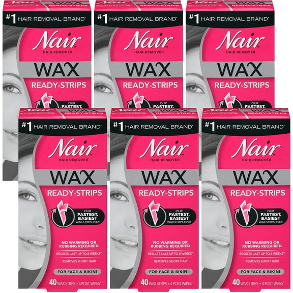 Pack of (6) Nair Hair Remover Wax Ready Strips, Face and Bikini Hair Removal Wax Strips, 40 Count