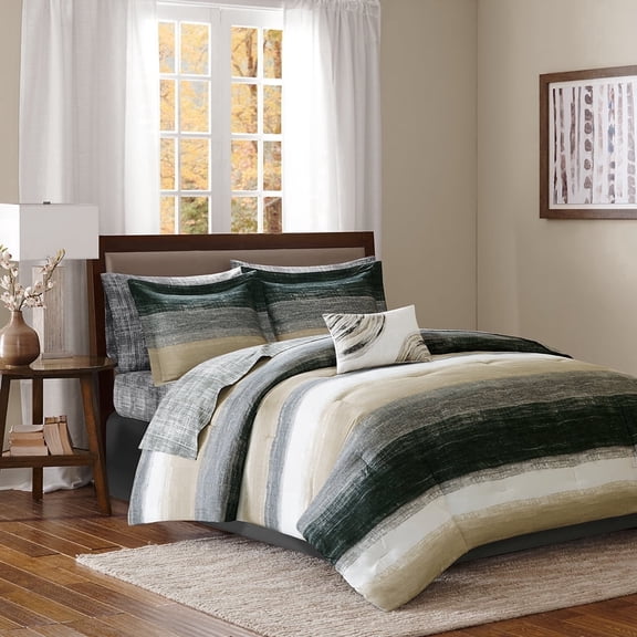 Madison Park Essentials Cal King Size 9-Piece Comforter Set, Striped Watercolor Bed in a Bag Set, Comforter and Sheet Bundle Set, Multicolor