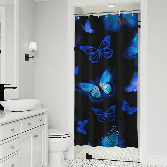 Black Blue Butterfly Pattern Shower Curtain 36"x72" ,Bathroom Decorative Shower Curtains Set with 12 Hooks,Modern Waterproof Washable Shower Curtain