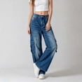thumbnail image 6 of Women's Cargo Wide Leg Jeans with Pockets High Waist Button Closure Baggy Denim Pants Y2K Casual Vintage Washed Jeans Fashion Bottoms Dark Blue, 6 of 6