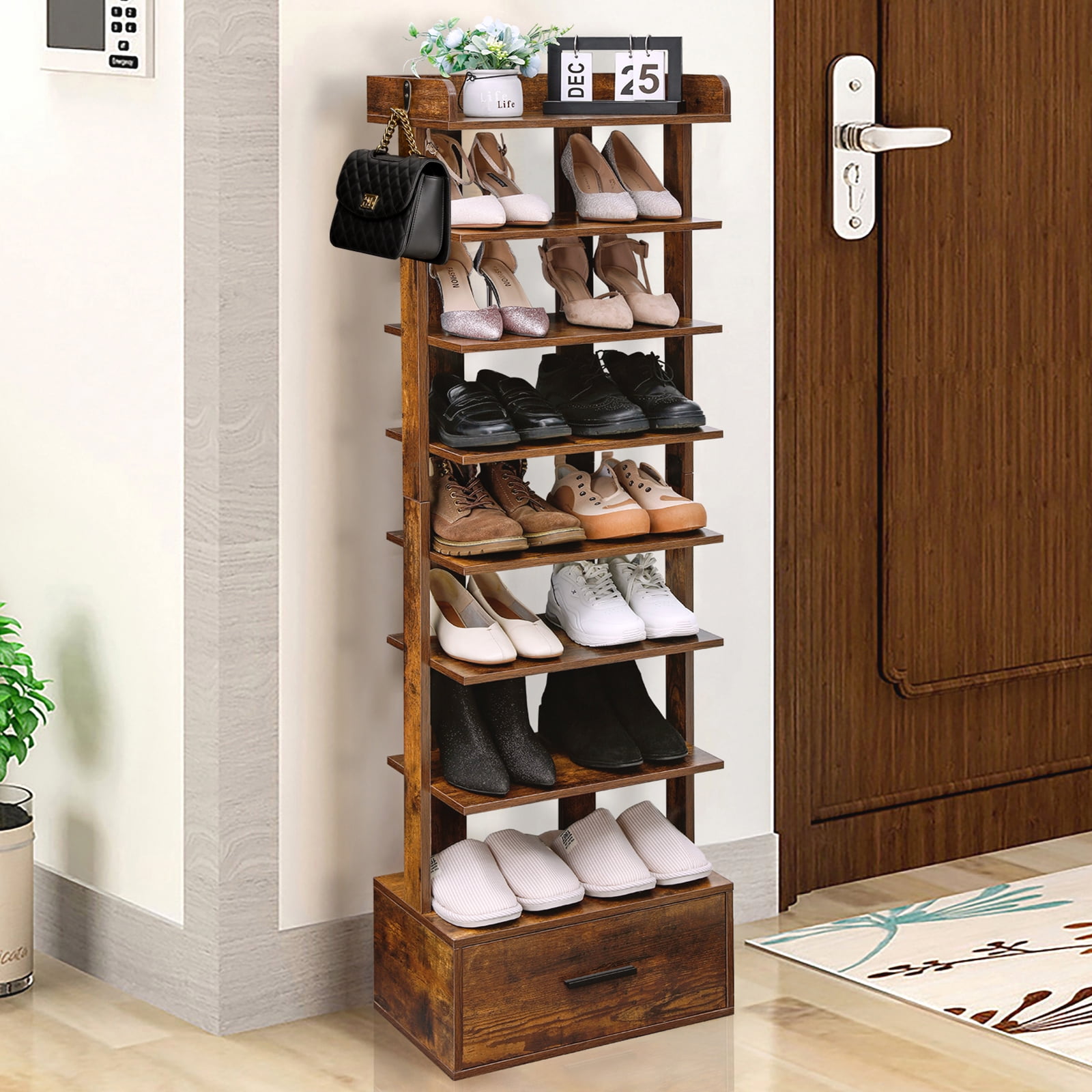 USIKEY Large Vertical Shoe Rack, 8 Tiers Wooden Shoes Racks with Bottom