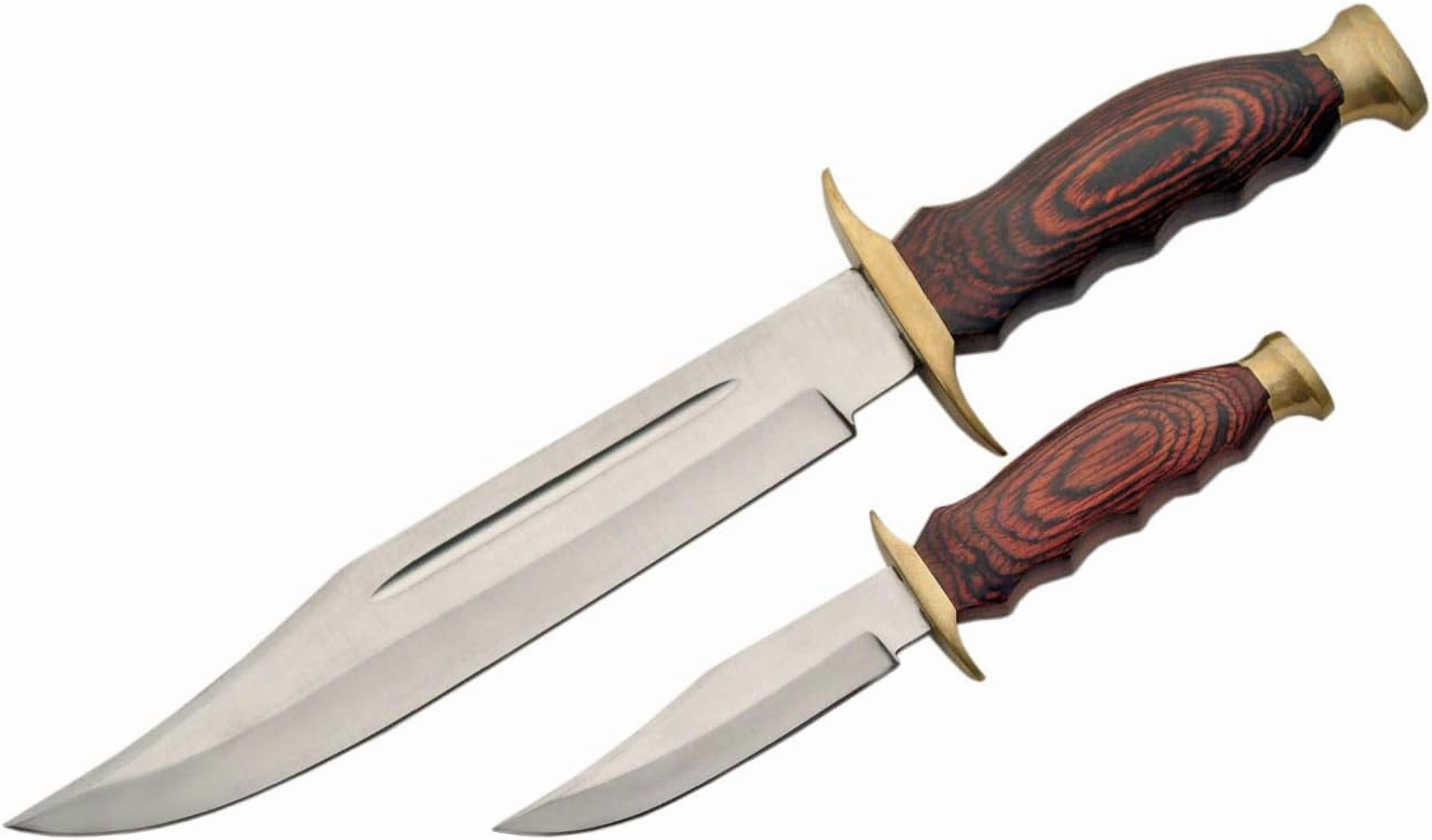 SZCO 2 Piece Fixed Blade Hunting Knife Set 8 Inch and 14 Inch Brown Wood Handle with Leather Sheath Outdoor Camping Utility Knife Combo