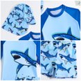 thumbnail image 5 of Boys Swim Trunks Summer Long Sleeve Cartoon Shark Print Tops Short Pants Hat Set Toddler Swimsuit Blue 6 Years-7 Years, 5 of 5