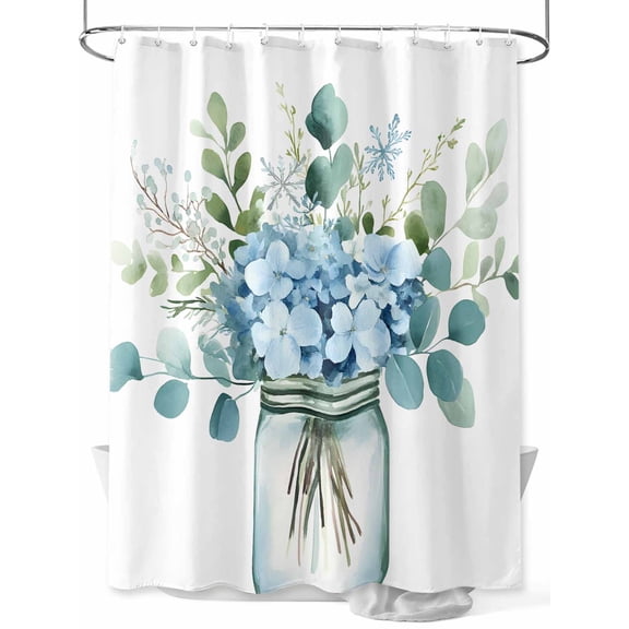 Shower Curtain Blue Floral Vase Shower Curtains for Bathroom, Waterproof Polyester Shower Curtain Set with Hooks, Small Stall Size 36" x 72" Flower Leaves