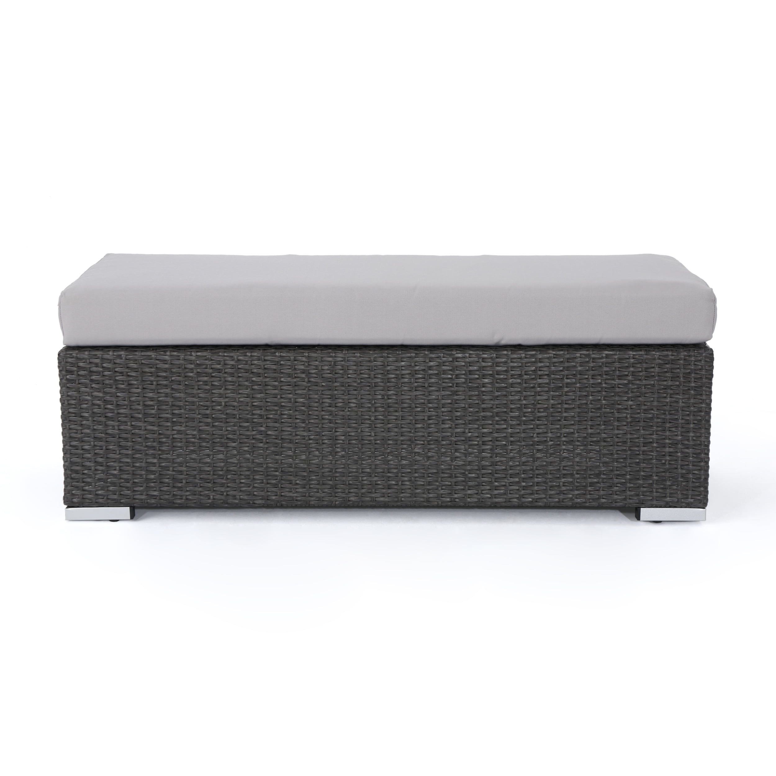 Malibu Outdoor Wicker Dining Bench with Water Resistant Cushion, Grey and Silver