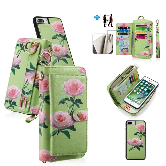 Multifunctional Wallet Case For iPhone 6 / 6S with RFID Blocking Card Slots,Detachable Purse Soft PU Leather Magnetic Snap Hand Strap Zipper Pocket Cute Flower Case with Carabiners,Green