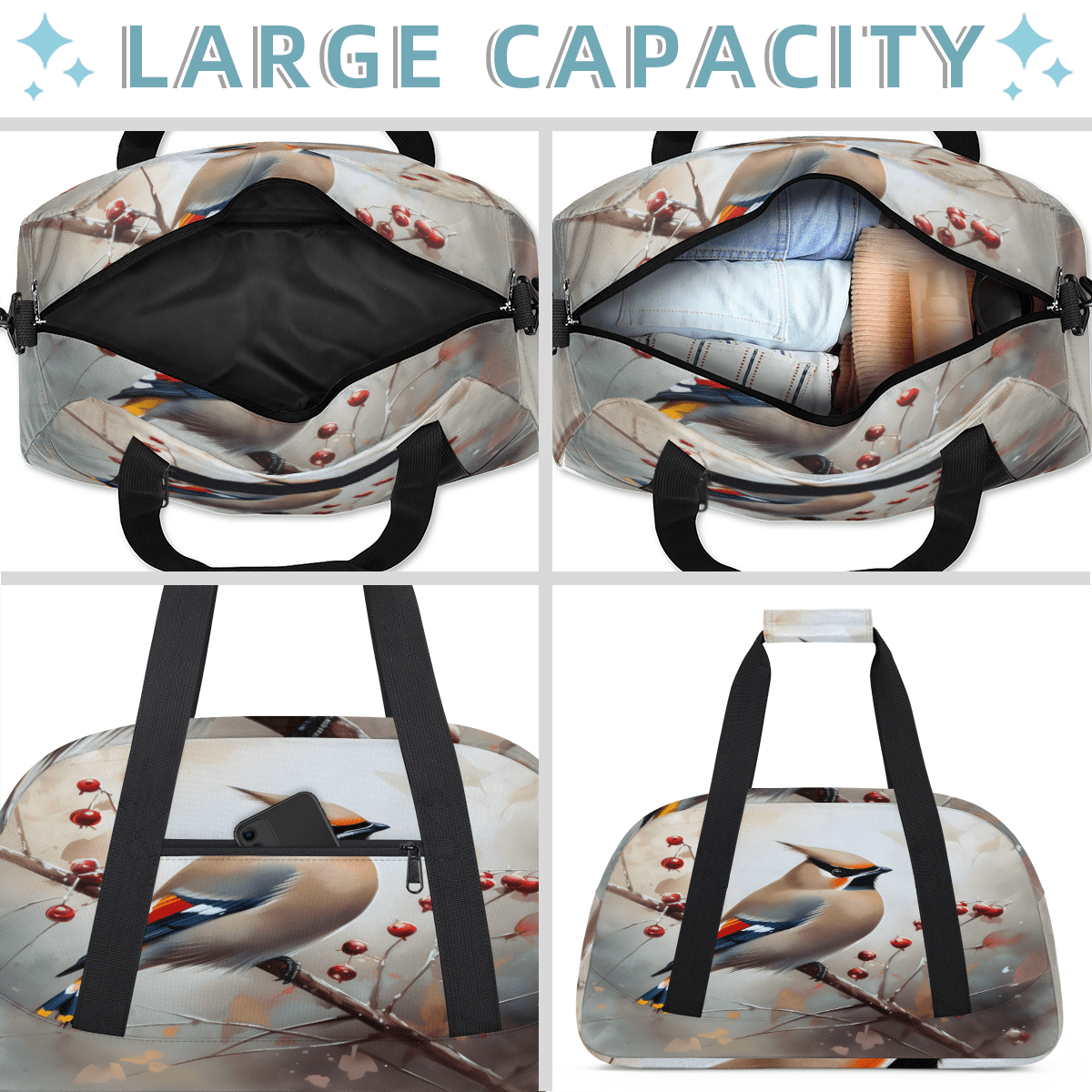 Herdesigns Birds Sports Duffle Bag for Women & Men, Vintage Gym Bag Dance Bag Overnight Bag Carry On Weekender Travel Bag