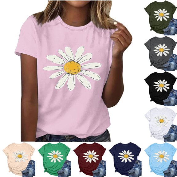 VBVC Women's Daisy Print Short Sleeve T-Shirt , Ladies' Lightweight Casual Crewneck Tee , Colorful Breathable Summer Tops For Women,Army Green,S-3XL