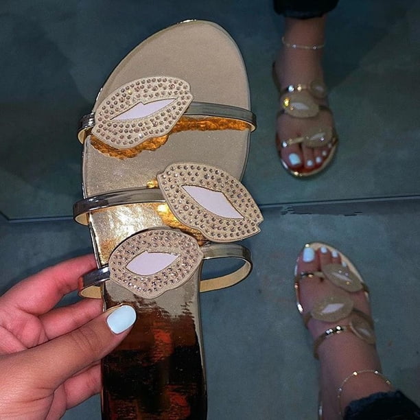 Moda Casual mujer punta abierta sandalias deslizantes zapatillas playa labios zapatos planos Wmkox8yii FOPL69