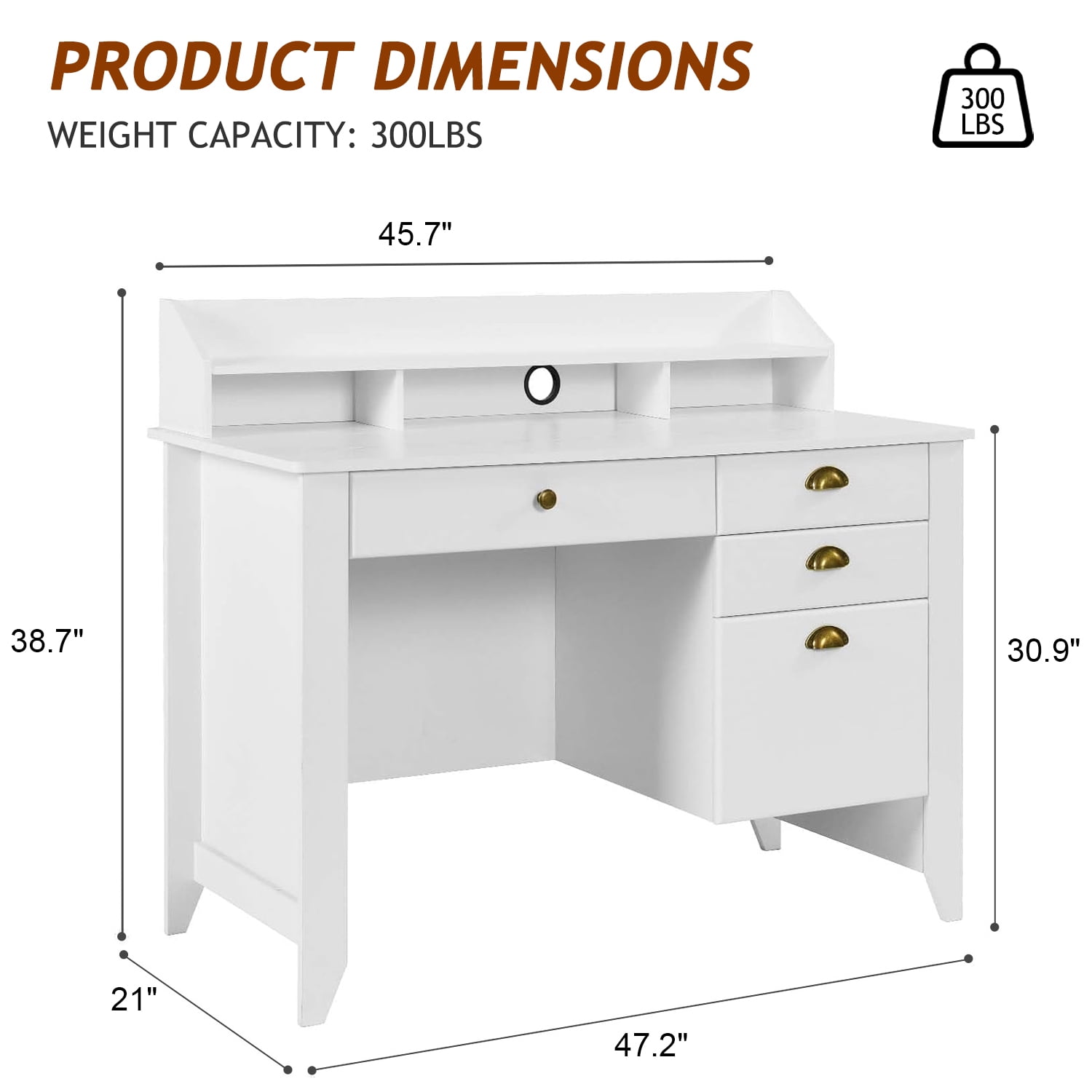 Catrimown Computer Desk with Drawers, 47.5 in White Desk with 4 Drawers, Home Office Desk with Monitor Stand, White