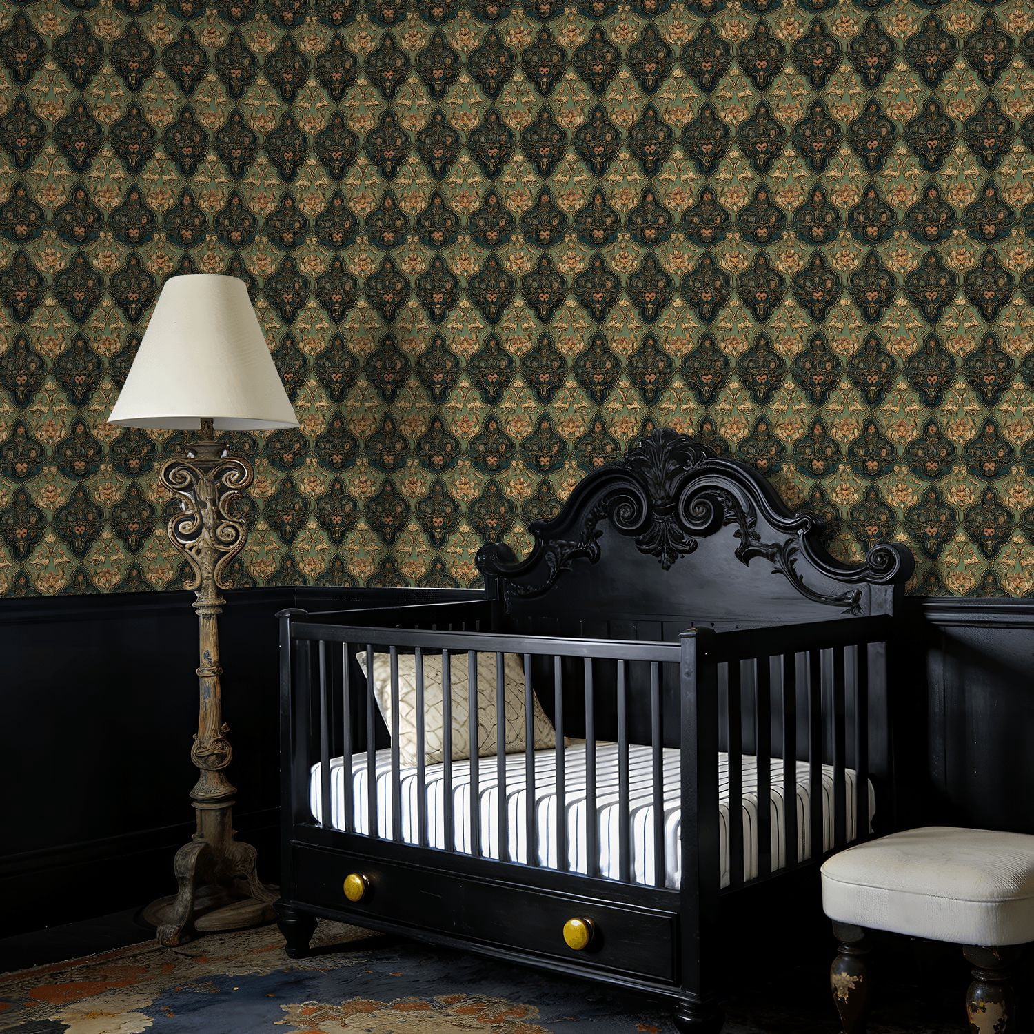 Peel and Stick Wallpaper Baroque Vintage Floral Damask Green Gold Ornate Wall Mural 17.7in x 9.8ft Self Adhesive Removable Wall Paper Renter Friendly Wallpaper for Nursery Bedroom Cabinets