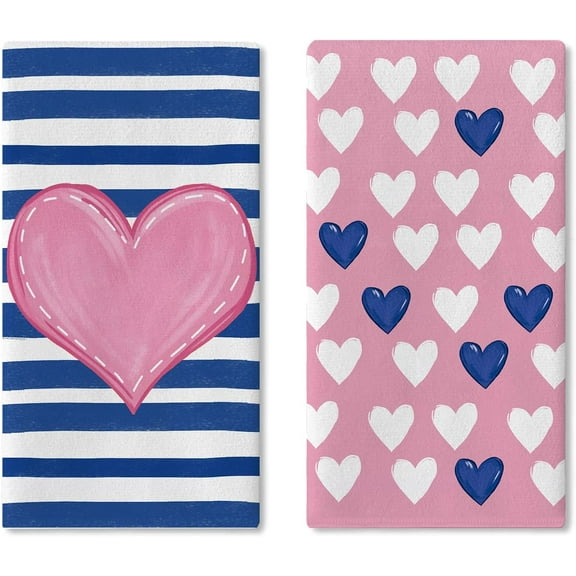 Valentines Day Kitchen Dish Towels Set of 2, Pink Blue Love Heart Stripes Drying Hand Towel Baking Cooking Cloth, Anniversary Wedding Bathroom Home Decoration 16'' x 24''