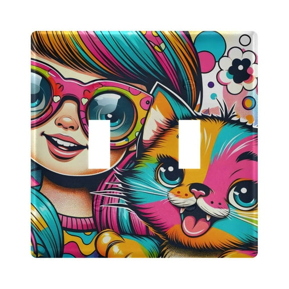 Little Girl and Colorful Comical Cat Light Switch Plate Covers 2 Gang Wall Plate Plastics Outlet Covers for Kitchen Home Office Decor