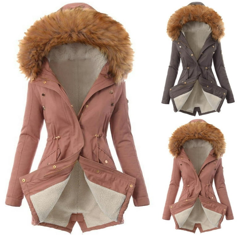 Scyoekwg Winter Coats for Women Winter Warm Solid Color Long Sleeve  Overcoat Hooded Jackets Casual Loose Turn Coat Outwear Pink S