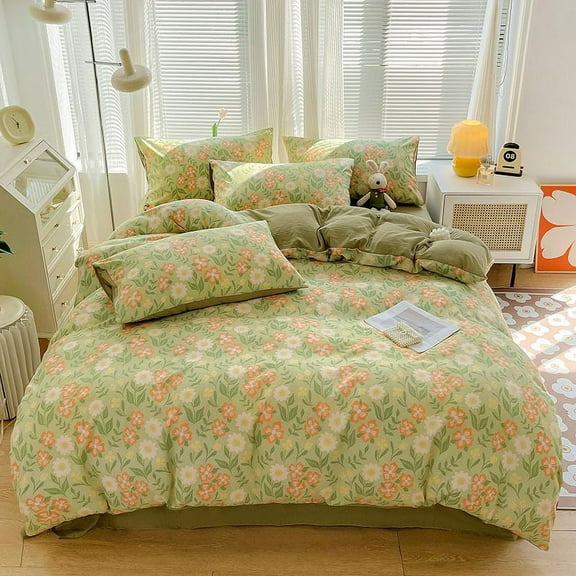 Double-layer Cotton and Linen Washed Four-piece Set Fresh Pastoral Style Ins Three-piece Set Bed Sheet Quilt Cover Bedding Set