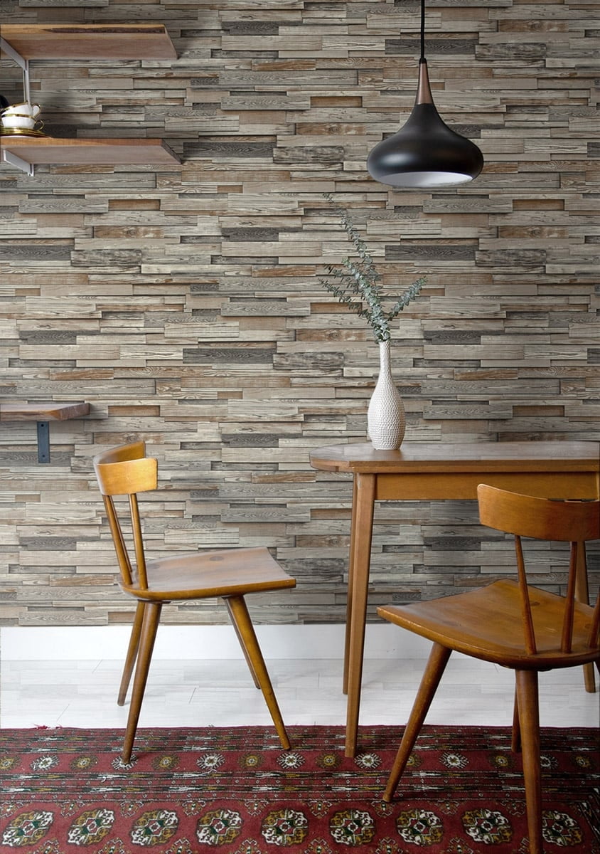 NextWall  Reclaimed Wood Plank Peel and Stick Removable Wallpaper Charcoal & Brown
