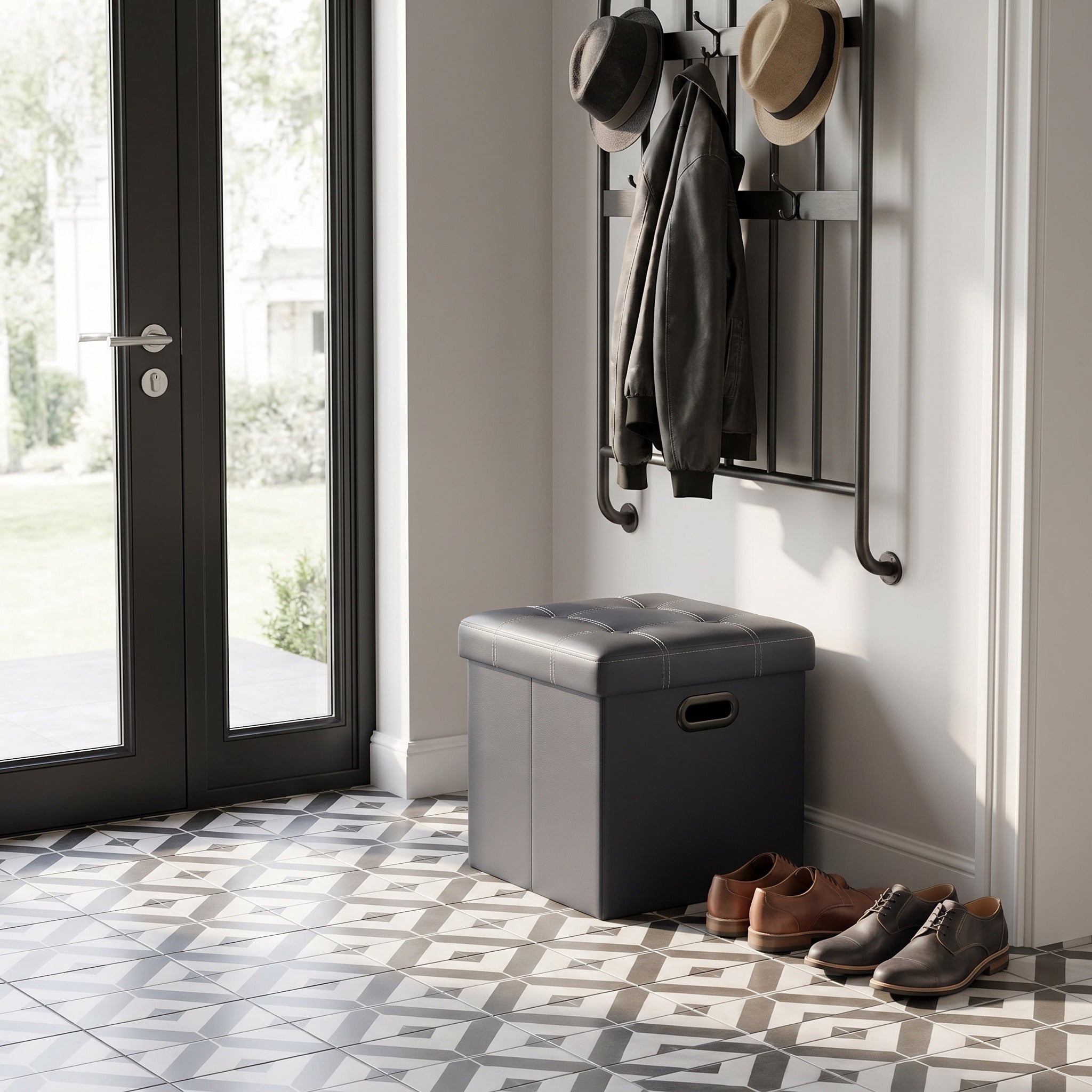 Nordic Hygge 15-Inch Storage Ottoman, Dark Gray Synthetic Leather