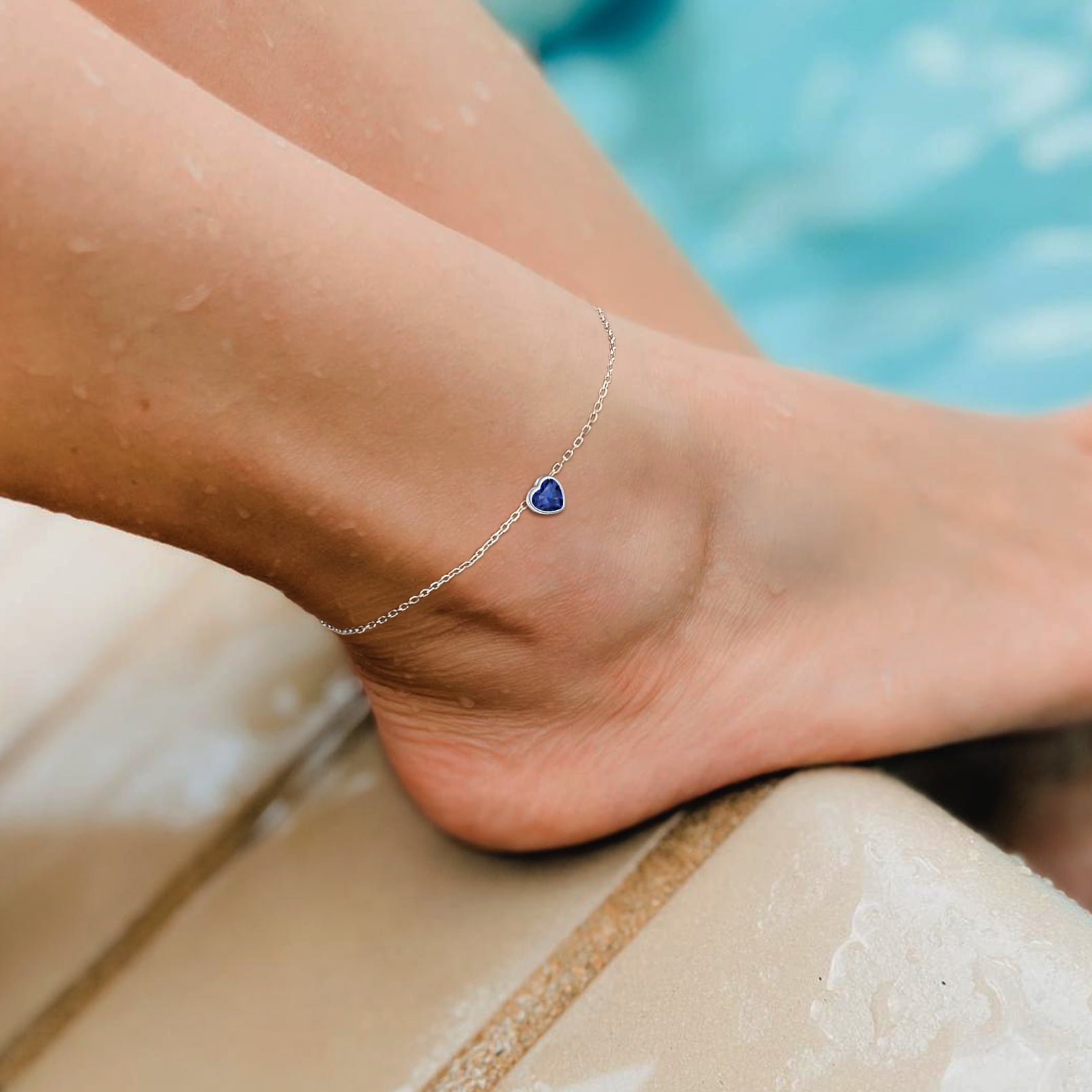 ChicSilver 925 Sterling Silver Ankle Bracelets for Women, Simple Dainty Heart Birthstone Anklets Beach Foot Chain Summer Jewelry Waterproof