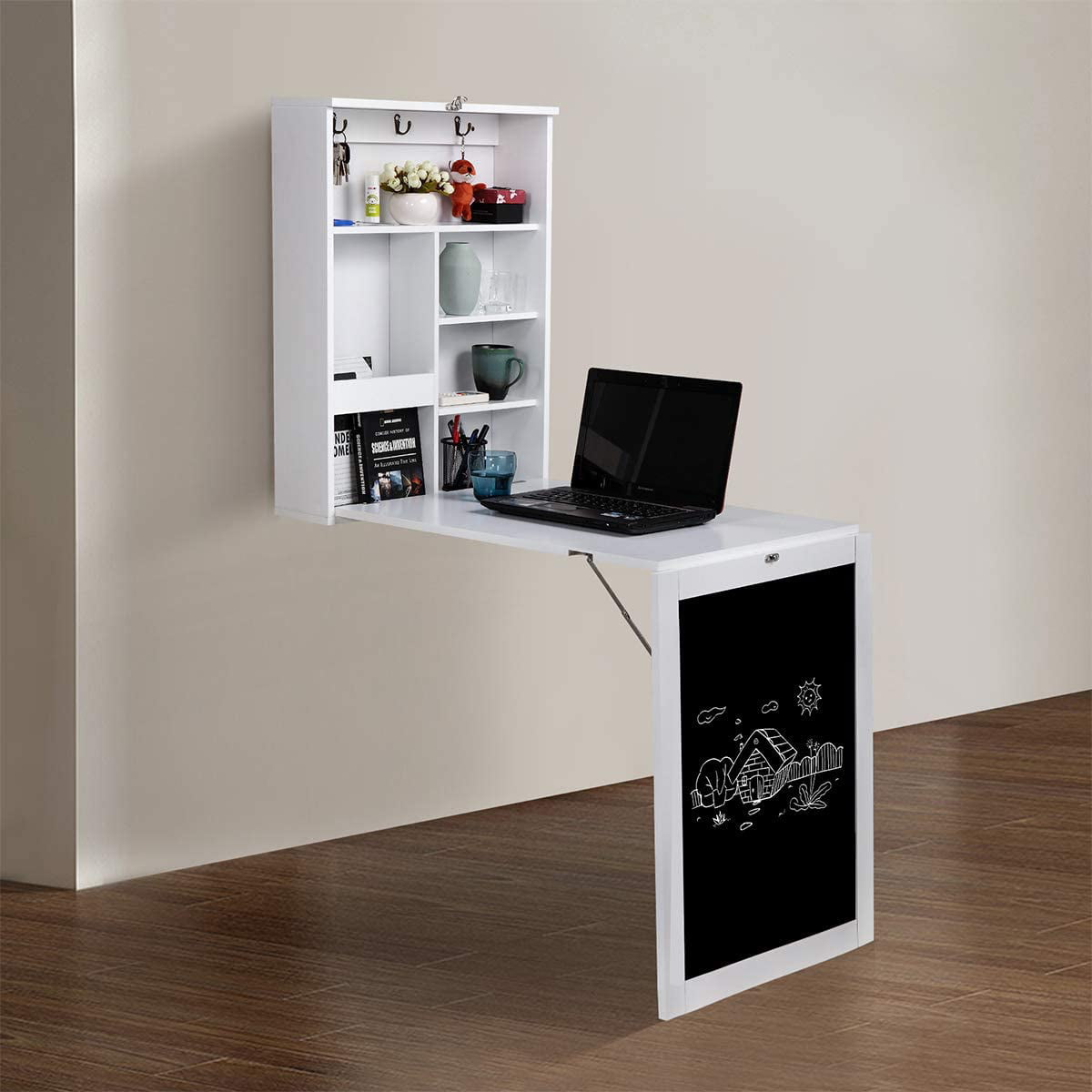 Details about   Wooden Wall-Mounted Space-Saving Desk Fold Out Computer Laptop Desk with Storage 
