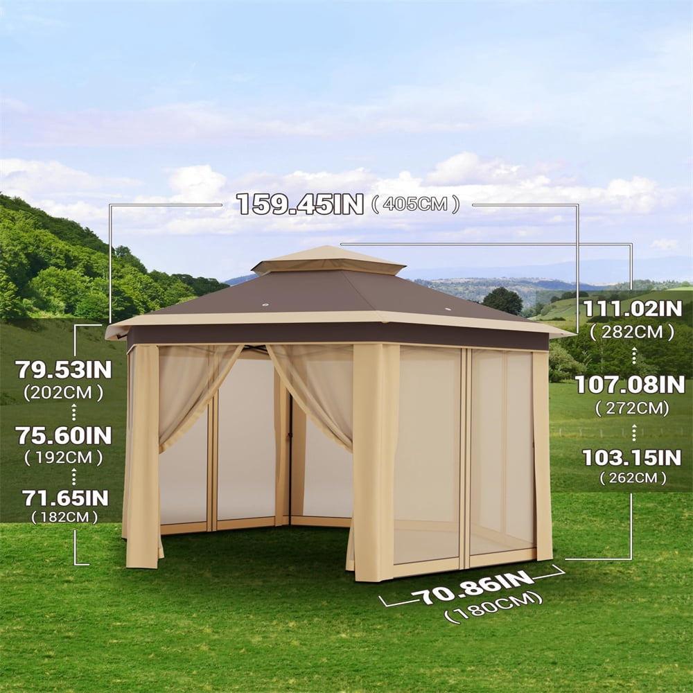 13 x 13 Ft Pop Up Hexagonal Gazebo, Outdoor Canopy Shelter, Pop up Gazebos Tent with Netting and Strong Steel Frame for Patio Lawn Backyard and Deck