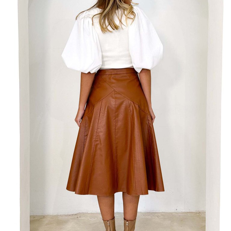 APEXFWDT Women's Faux Leather High Waist Pleated Flare Midi