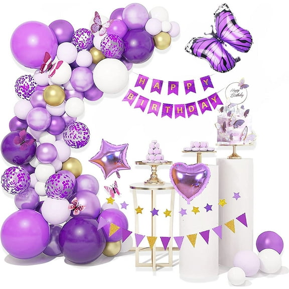 MMTX Purple Butterfly Balloon Garland, 30-Piece Purple Gold Party Decorations