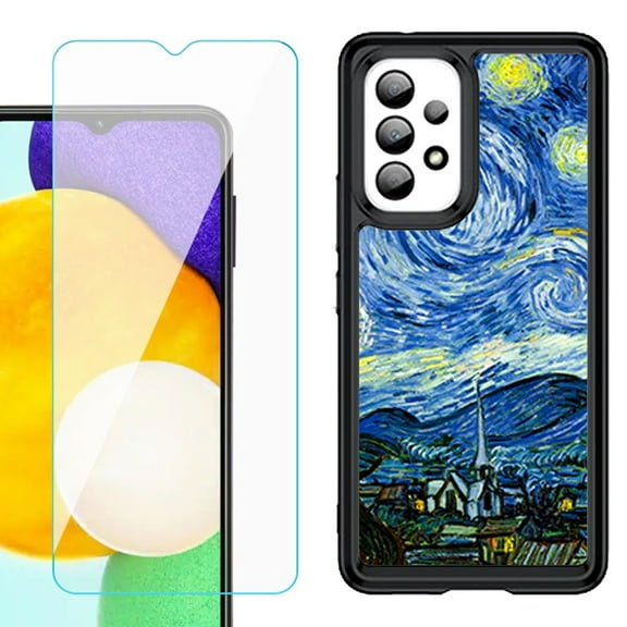 Shockproof Bumper (Black Frame) phone Case for Samsung Galaxy A23 5G, with Tempered Glass Screen Protector, by OneToughShield ® - Starry Night Paris