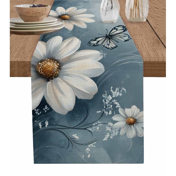 Elegant White Daisy Table Runner Cotton Linen 108 Inch Holiday Dresser Scarves, Pastoral Vintage Butterfly Floral Tablerunner for Kitchen Coffee Dining Bedroom Dinner Scarf Décor 13''x108''